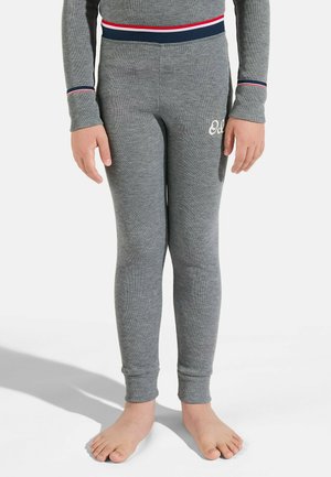 Gray leggings with a ribbed texture, featuring a navy, red, and white striped waistband and embroidered detail on the side.
