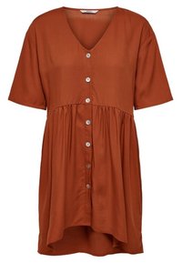 Rostfarbendes Kurzarmkleid mit V-Ausschnitt, geknöpftem Vorderteil und Empire-Taillierung. Hergestellt aus leichtem Stoff; verfügt über einen fließenden Saum.