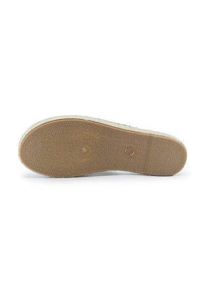 Espadrille-Sohle mit einer strukturierten, flexiblen Basis aus braunem Gummi. Das Obermaterial besteht aus gewebtem Jute mit einer beigen Oberfläche und verfügt über eine gepolsterte Kante entlang des Umfangs.