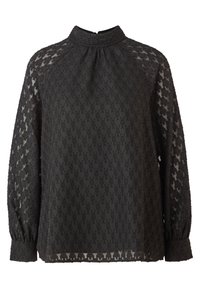 Blouse noire à manches longues avec col haut, motif pied-de-poule texturé et manches transparentes se terminant par des poignets boutonnés.