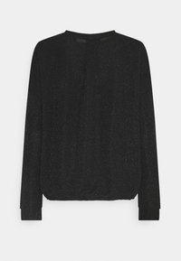 Svart långärmad topp med en lätt glänsande yta, rundad halsringning och insamlad nederkant. Har en central ryggspringa för designens detalj.