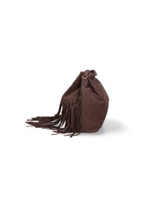 Borsa in suede marrone con cima arricciata, chiusura a legatura e lunghi dettagli di frange. La texture è morbida e la forma è arrotondata con una base piatta.