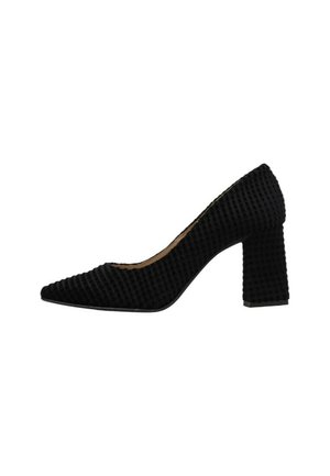 Zapato de tacón alto cerrado con punta afilada y tacón grueso de bloque en textura negra, mostrado de lado sobre un fondo blanco.