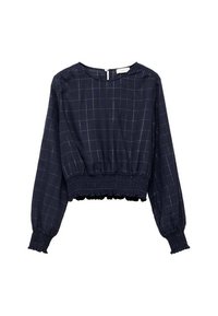 Mörkblå blus med lång ärm och rutmönster, elastisk midja och smockade ärmslut. Har en rund halsringning och dragkedja på ryggen.