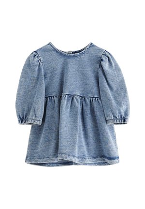 Top in cotone blu con maniche a sbuffo, scollo rotondo e vita arricciata. Tessuto morbido e strutturato con vestibilità leggermente comoda.