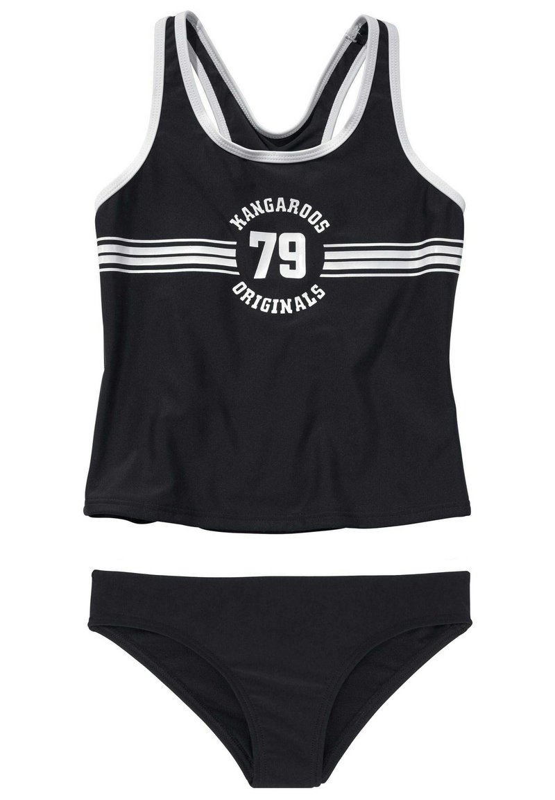 Schwarzes Schwimmtanktop mit weißen Streifen und dem Logo "KANGAROOS ORIGINALS 79", kombiniert mit passendem schwarzen Bikiniunterteil. Glattes Material, sportliches Design.