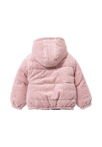 Giacca imbottita in ciniglia rosa con cappuccio, caratterizzata da costine verticali, polsini elastici e un design corto per una vestibilità aderente.