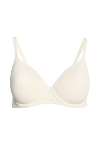 Cream-colored padded bra with adjustable shoulder straps and underwire support, displayed against a white background.