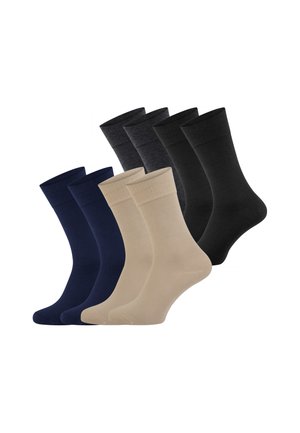 Zes paar effen enkelsokken in marineblauw, beige, donkergrijs en zwart, gerangschikt in drie rijen op een witte achtergrond.