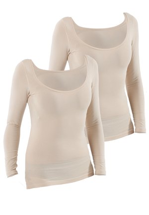 Beige long-sleeve tops in a fitted design with round necklines. Made of soft, lightweight fabric with a smooth texture and minimal seams.