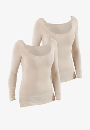 Beige long-sleeve tops in a fitted design with round necklines. Made of soft, lightweight fabric with a smooth texture and minimal seams.