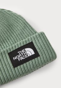 Strikket lue i dempet grønn med ribbet tekstur. Har et svart merke med hvit tekst og logoen til The North Face.