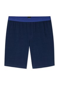 Mannelijke boxershorts in marineblauw met een effen elastische tailleband in donkerder blauw, voorzien van subtiele merktekst op de tailleband.