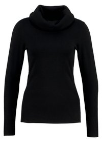 Pull noir à manches longues avec col bénitier, en tricot côtelé, présentant une texture lisse et une coupe ajustée.