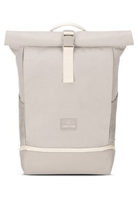 Light grey roll-top backpack with a textured fabric, top handle, adjustable strap, and zipper detail at the base. Logo present on front.