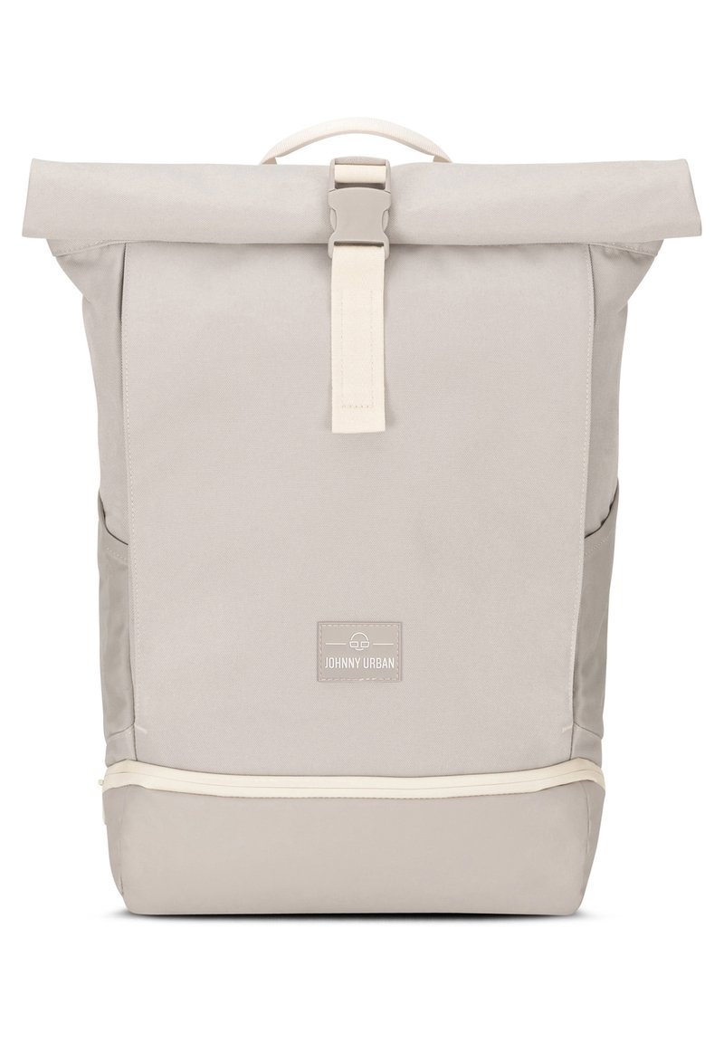 Light grey roll-top backpack with a textured fabric, top handle, adjustable strap, and zipper detail at the base. Logo present on front.