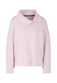Light pink pullover with a large collar, loose fit, long sleeves, and side slits. Made from soft fabric with a smooth texture.