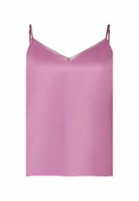 Rosa linne med tunna axelremmar, med en V-ringning och ett mjukt, lätt tyg. Enkelt design utan ytterligare mönster eller accenter.
