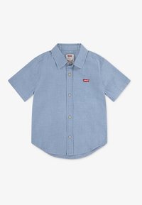 Korte mouwen, lichtblauw shirt van textuurstof met kraag en knoopsluiting. Bevat een klein rood Levi's-logo op de borst.