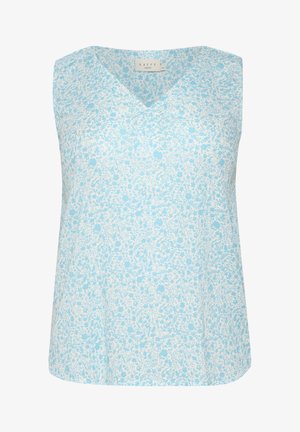 Ärmelloses Oberteil mit V-Ausschnitt, aus leichtem Material. Mit einem blauen Blumenmuster auf weißem Hintergrund. Weiche Textur, lockere Passform.