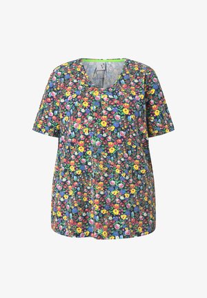 Short-sleeve blouse with multicolored small floral print in yellow, red, blue, pink, and green on a dark background.