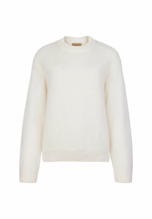 Crème-kleurige gebreide trui met een ronde hals, geribde manchetten en zoom. Zachte textuur, ontspannen pasvorm en minimalistisch ontwerp.