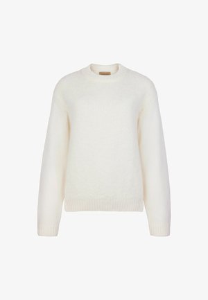 Sweter w kolorze kremowym, wykonany na drutach, z okrągłym dekoltem, ribbowymi mankietami i dołem. Miękka tekstura, luźny krój i minimalistyczny design.
