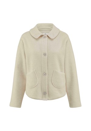 Giacca in fleece color crema con colletto rotondo, chiusura a cinque bottoni e dettagli su due tasche frontali. Tessuto morbido e vestibilità rilassata.