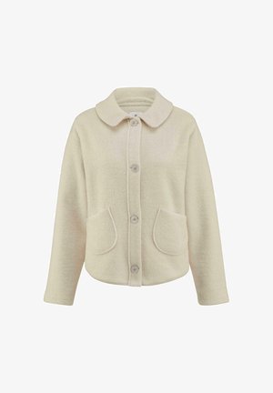 Cremefarbene Fleecejacke mit rundem Kragen, Fünf-Knopf-Verschluss und zwei vorderen Taschen. Weicher Stoff und lockere Passform.