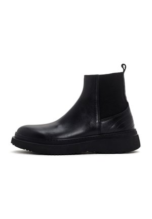 Schwarze Leder Chelsea-Stiefel mit elastischem Seiteneinsatz, Zugschlaufen an der Ferse, runder Zehenpartie und dicker Gummisohle.