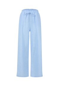 Pantalon large bleu clair avec taille élastique et lien de serrage à l'avant, fabriqué dans un tissu doux.