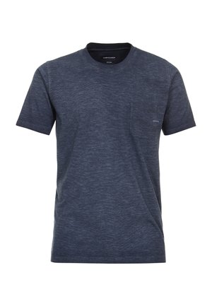 T-shirt bleu foncé à manches courtes avec col rond, une poche poitrine et une texture chinée subtile.