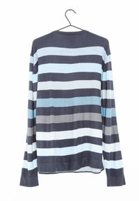 Gestreifter Pullover mit langen Ärmeln, der marineblau, hellblau, grau und weiße horizontale Streifen aufweist. Aus weichem Stoff, mit rundem Ausschnitt und lockerer Passform.