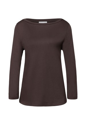 Haut pour femme à manches longues de couleur brun foncé, avec un col rond et un ourlet légèrement évasé, présenté sur un fond blanc uni.