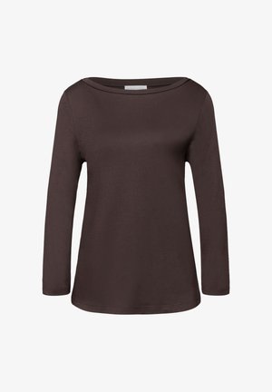 Haut pour femme à manches longues de couleur brun foncé, avec un col rond et un ourlet légèrement évasé, présenté sur un fond blanc uni.