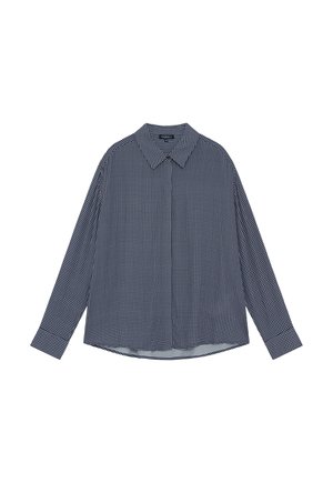 Marineblauw overhemd met lange mouwen, kleine witte vierkantpatroon, puntkraag en knoopmanchetten, plat gelegd op een witte achtergrond.