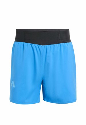 Blaue Sportshorts mit breitem schwarzem elastischem Bund und einem kleinen reflektierenden Logo am linken Bein.