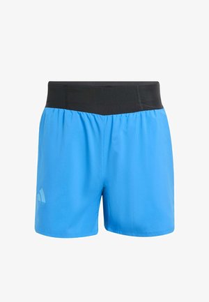 Pantaloncini atletici blu con una larga fascia elastica nera in vita e un piccolo logo riflettente sulla gamba sinistra.