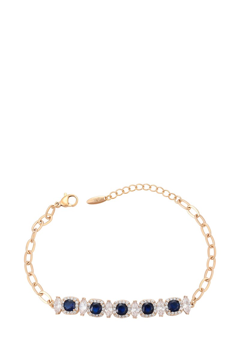 Bracciale in oro con gemme blu scuro e trasparenti alternate, dotato di chiusura a moschettone e catena regolabile.