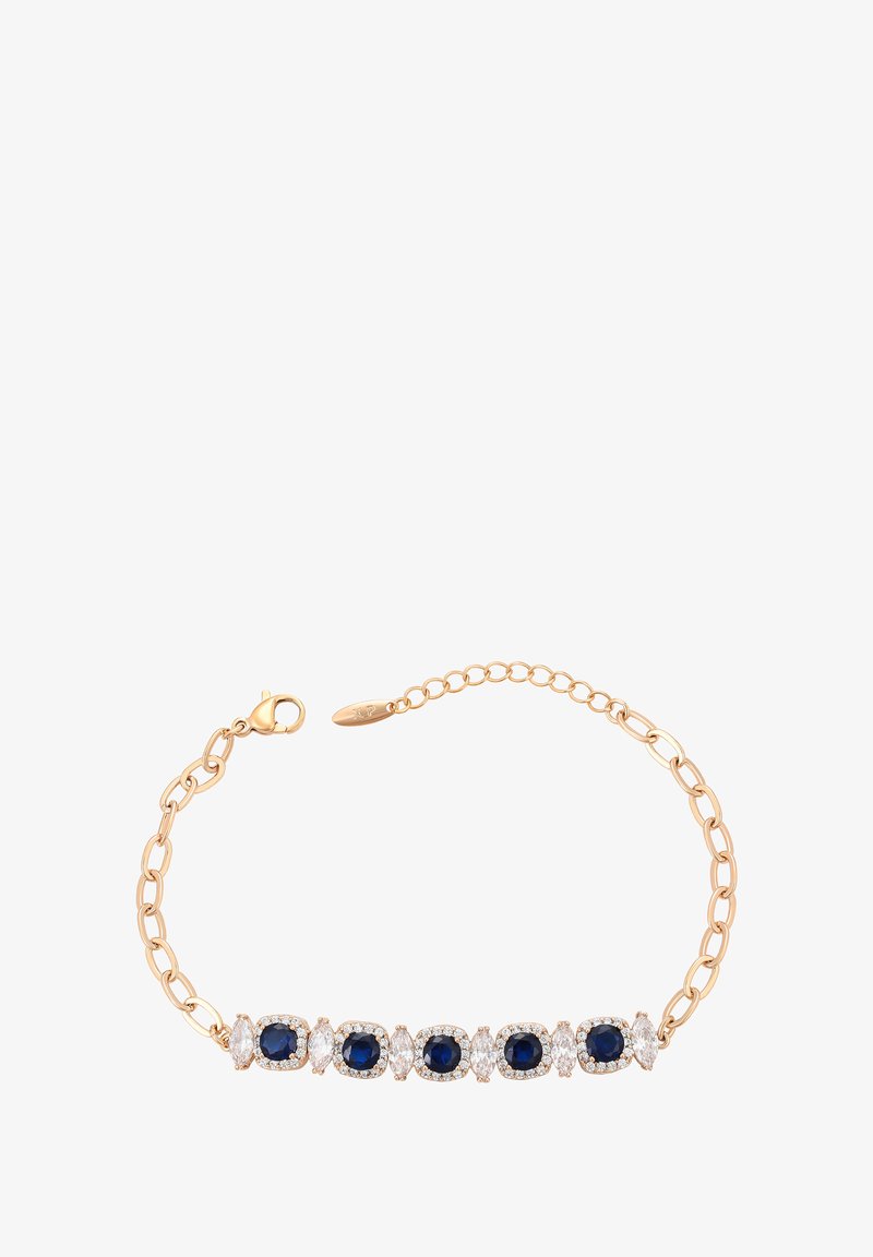 Bracciale in oro con gemme blu scuro e trasparenti alternate, dotato di chiusura a moschettone e catena regolabile.