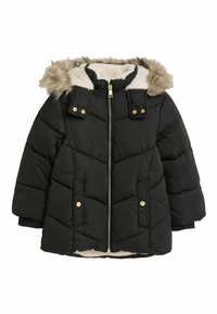 Schwarze Pufferjacke mit einer Kapuze aus Kunstfell, Reißverschlussfront, zwei Fronttaschen und einem gesteppten Design. Goldene Hardware-Akzente. Weicher Stoff.