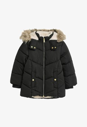 Mustan puffer-jope, millel on vale karv voodriga kapuuts, ees tõmbeeluk, kaks esist taskut ja pehme vooder. Kuldsed detailid. Pehme tekstuur.