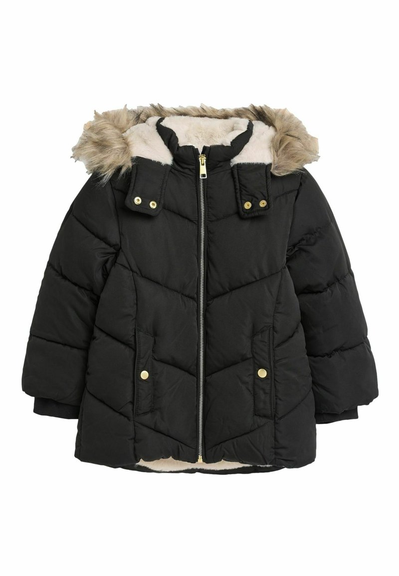 Schwarze Pufferjacke mit einer Kapuze aus Kunstfell, Reißverschlussfront, zwei Fronttaschen und einem gesteppten Design. Goldene Hardware-Akzente. Weicher Stoff.