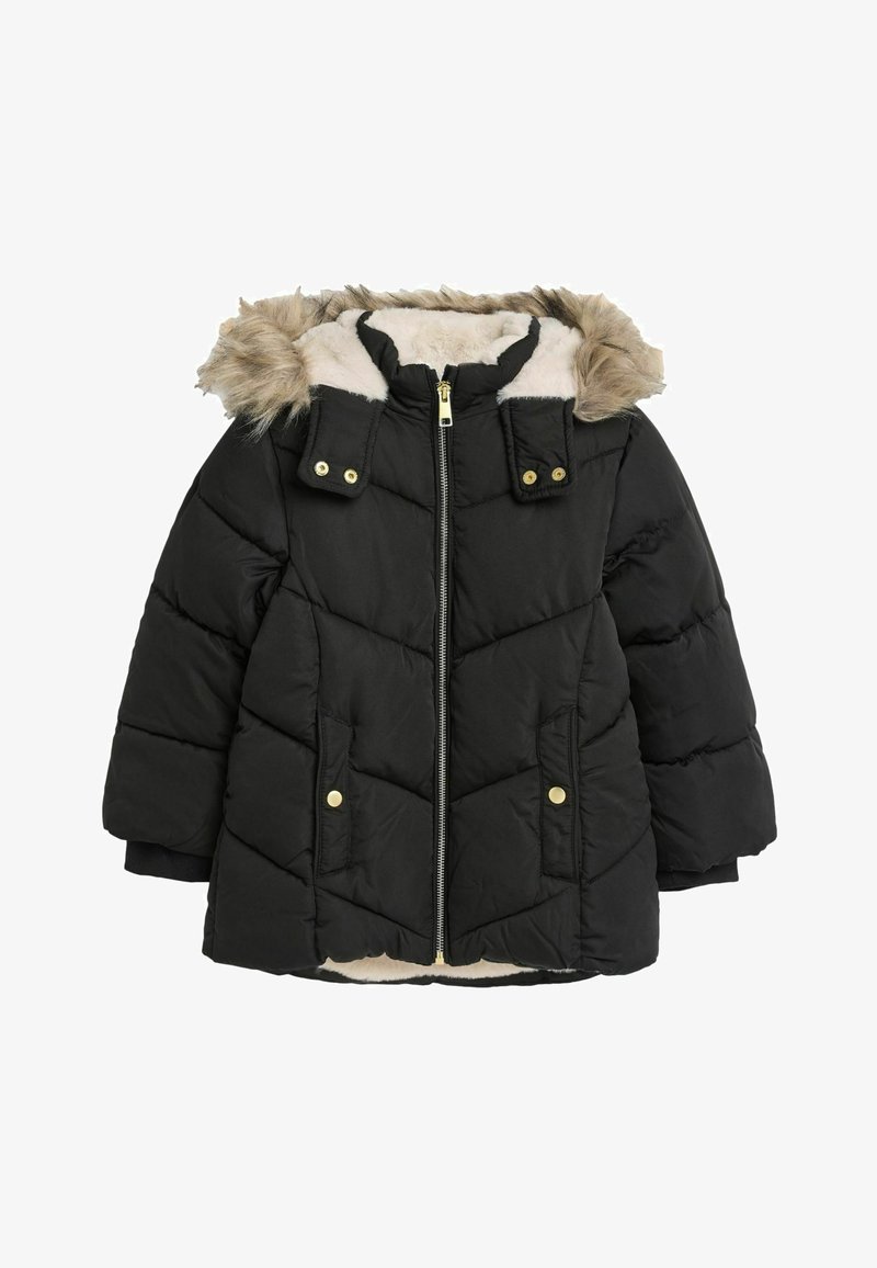 Fekete puff biztosítós dzseki műszőrmés kapucnival, cipzáras elülső részel, két elülső zsebbel és steppelt dizájnnal. Arany színű fém kiegészítők. Puha tapintás.