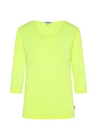 Helle gelbe Langarm-T-Shirt mit weit ausgeschnittenem Rundhalsausschnitt und weicher Textur, ausgestattet mit einem Etikett an der unteren Seite. Einfaches, minimales Design.