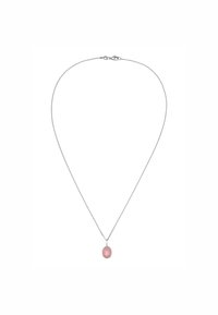 Sølv kæde halskæde med en oval pink ædelsten pendant. Kæden er slank med en hummerlås, hvilket fremhæver pendantens glatte overflade.
