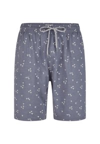 Pantalones cortos grises hechos de una tela suave, con un patrón de palmeras blancas y una cintura elástica con un cordón para ajustar.