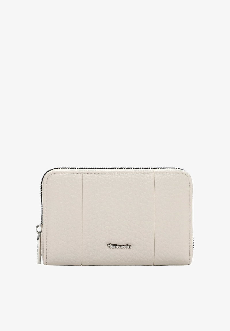 Portefeuille en cuir beige clair avec une finition texturée, fermeture éclair, trois emplacements pour cartes, et un accent logo argenté sur le devant.
