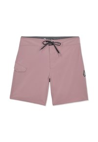 Shorts de bain pour hommes de couleur mauve clair avec une taille à cordon noir et une poche latérale, arborant un petit logo noir et blanc sur la jambe droite.