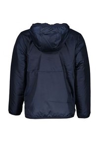 Marineblaue isolierte Jacke mit Kapuze, ausgestattet mit einer glatten Oberfläche, elastischen Bündchen und einem schlichten Design. Die Rückansicht zeigt eine Naht auf Taillenhöhe.